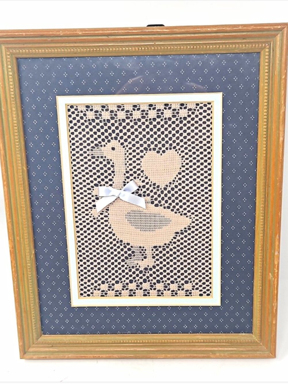 Vintage 1980s Country Cottage Grannycore Goose Heart Filet Lace Framed Wall Art